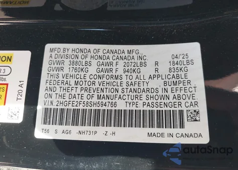 2025 Honda Civic Sport from USA, damaged, VIN 2HGFE2F58SH594766